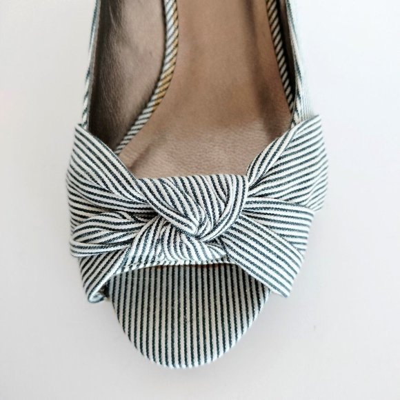 Moda Reflex Cork Wedge Peep Toe Shoes 9.5M Navy White Stripe Fabric New - Picture 3 of 9